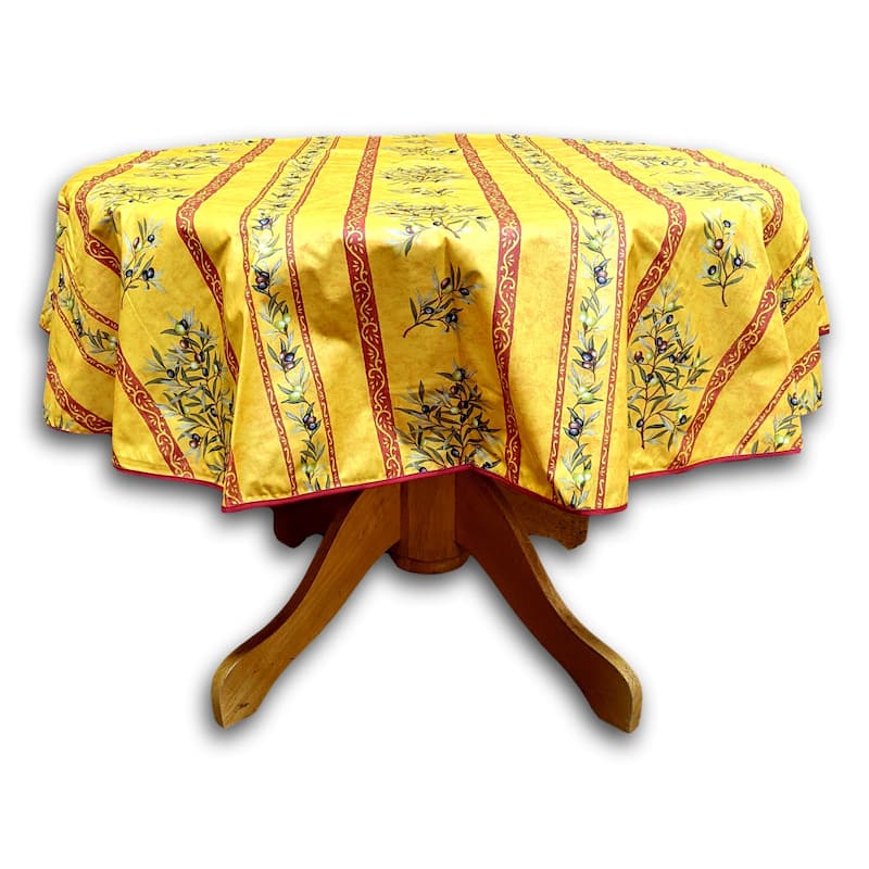 Wipeable Spill Resistant Provencal Cotton Cannes Collection Tablecloth - 60-in Round - Yellow Olives