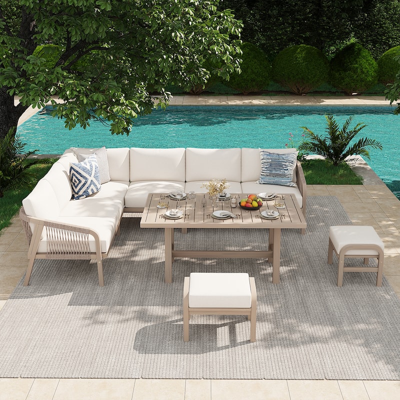 Outdoor Sectional Sofa Set 6-Piece Acacia Wood L-Shaped Corner Sofa Set with Dining Table & Ottoman - Light Natural Frame & Beige Cushion