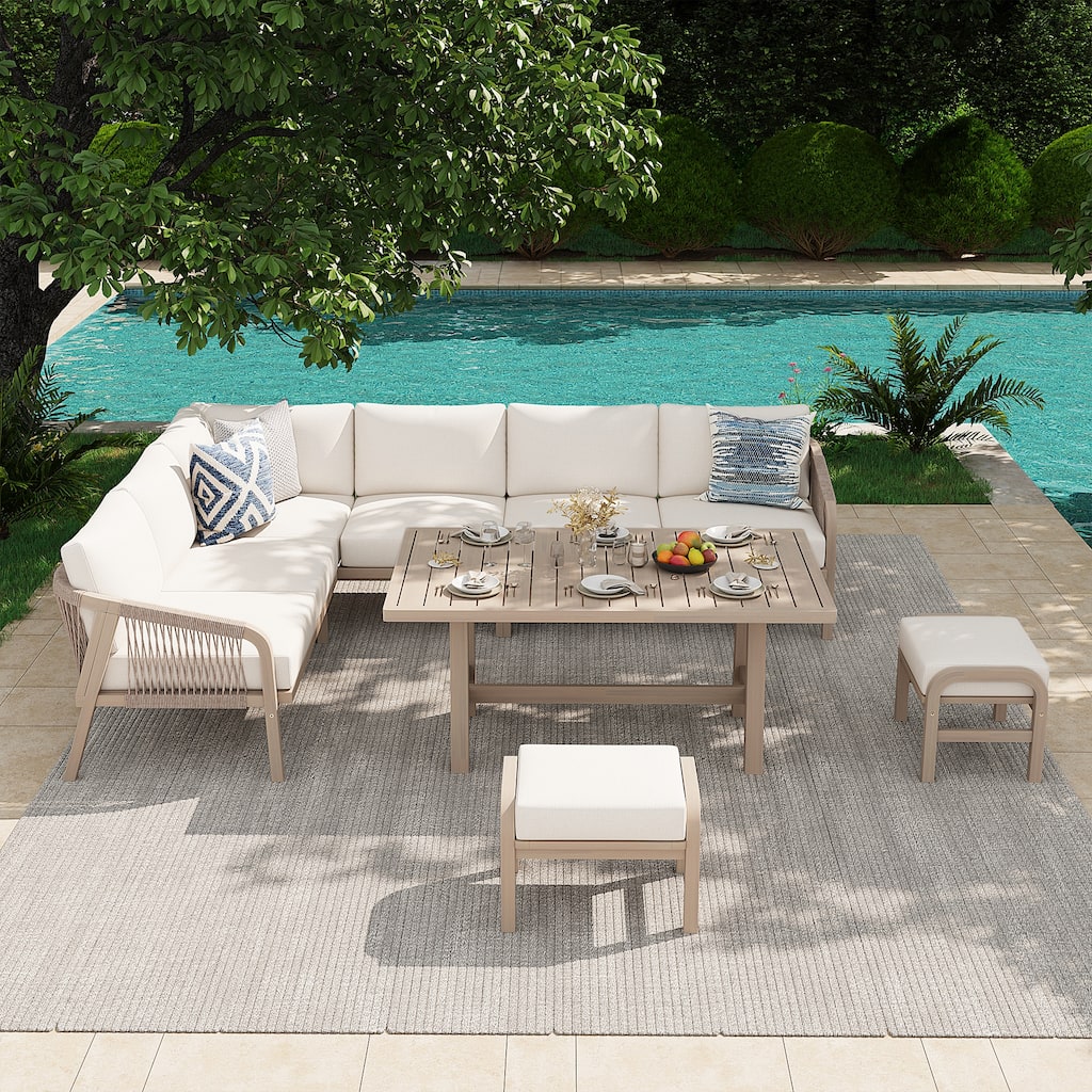 Outdoor Sectional Sofa Set 6-Piece Acacia Wood L-Shaped Corner Sofa Set with Dining Table & Ottoman