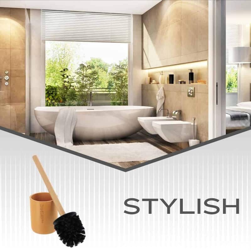 Chic Matte Toilet Brush Holder Set with Natural Bamboo Handle - 4 L x 4 W x 14.8 H
