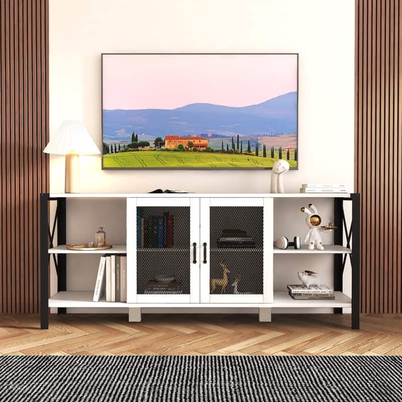 Rustic Industrial Media Console with Open Shelving - 80 Inch Wood & Metal TV Stand