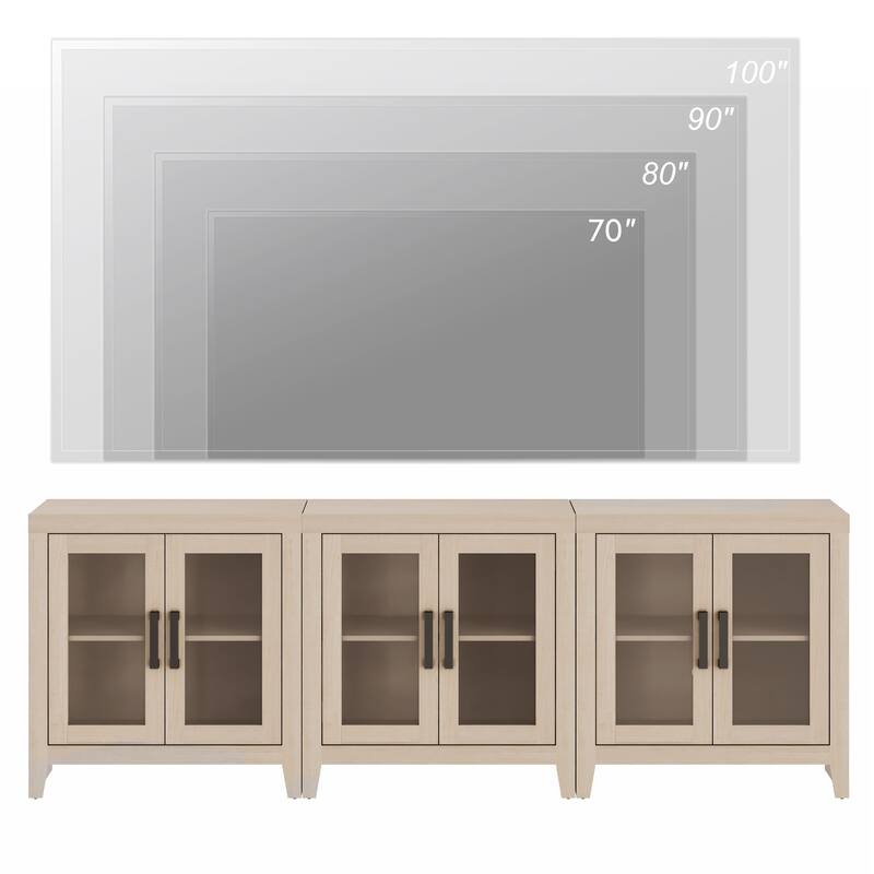 WAMPAT Modern Farmhouse TV Stand, Entertainment Center with Tempered Glass Doors & Adjustable Shelves