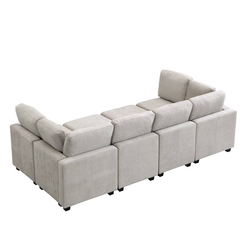 Living Room Chenille U-shaped Sectional Sofa, Pull out Sofa Bed with 2 USB Ports, 3 Back Pillows and Storage Chaise