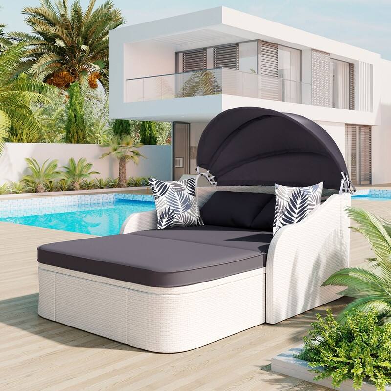 Outdoor PE Rattan Daybed Sunbed w/Adjustable Canopy, Double lounge
