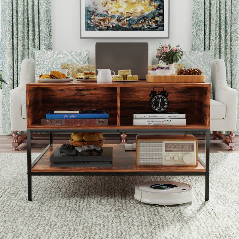 Farmhouse Flip Top Coffee Table with Storage - 31.5" Rustic Wood Grain Table, Hidden Storage Compartment for Living Room