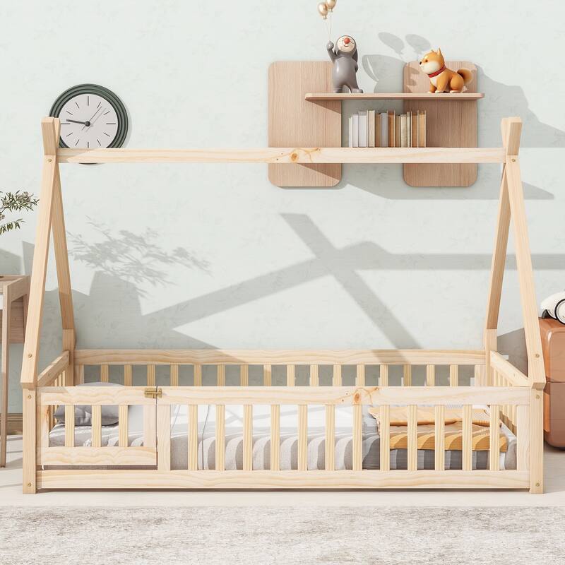 Twin Tent-shaped Floor Bed with Guardrails - Natural
