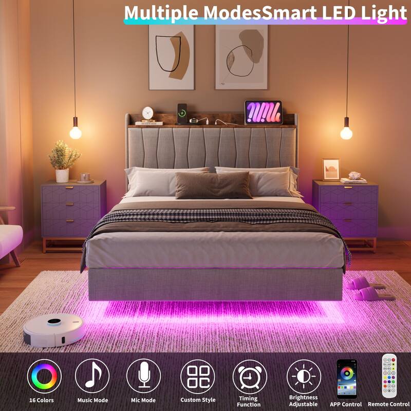 Floating Bed Frame Full with LED Lights & USB Charging Station – Modern Upholstered Platform Bed with Headboard