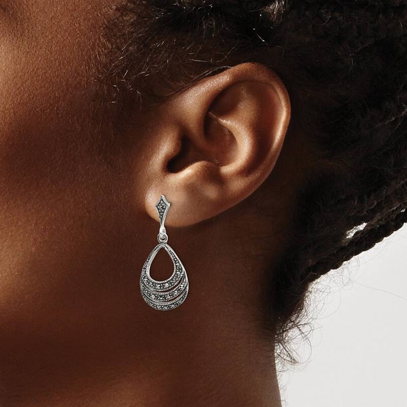 Curata 925 Sterling Silver Pear Marcasite Dangle Earrings 33x15mm