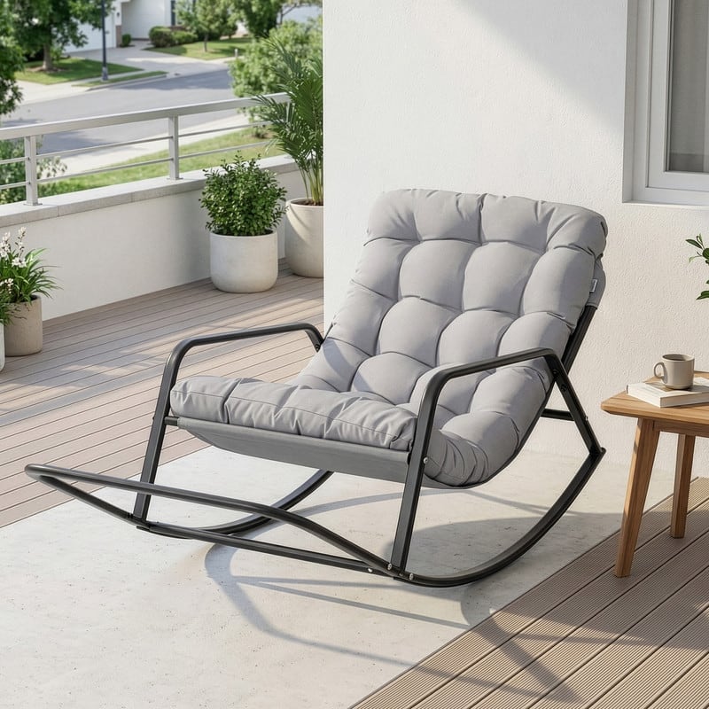 Oversized Outdoor Papasan Rocking Lounge Chair with Thick Cushion, Heavy-Duty Metal Patio Rocker Recliner, 450 lbs Capacity - Gray / 1 PC