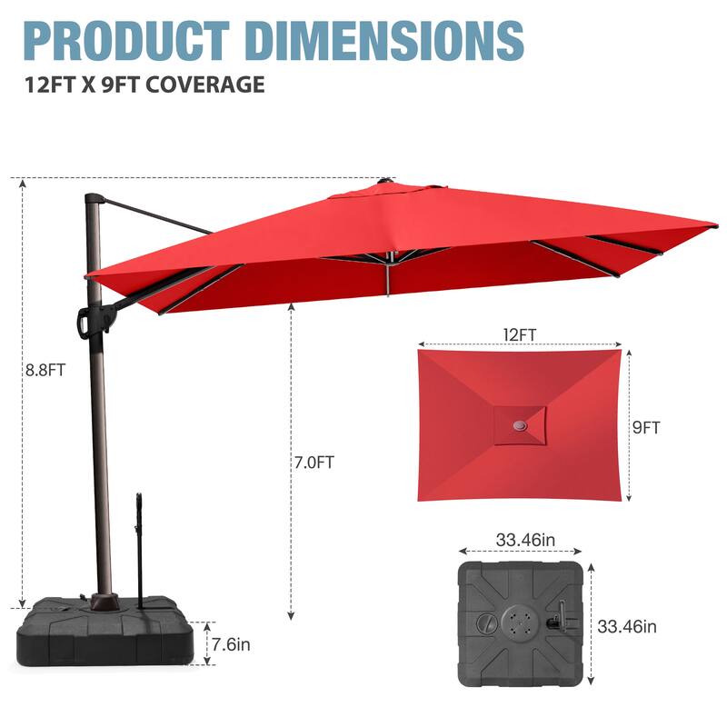 VredHom 9 x 12 FT Outdoor Patio Cantilever-Offset Umbrella with Wheel Rod Base