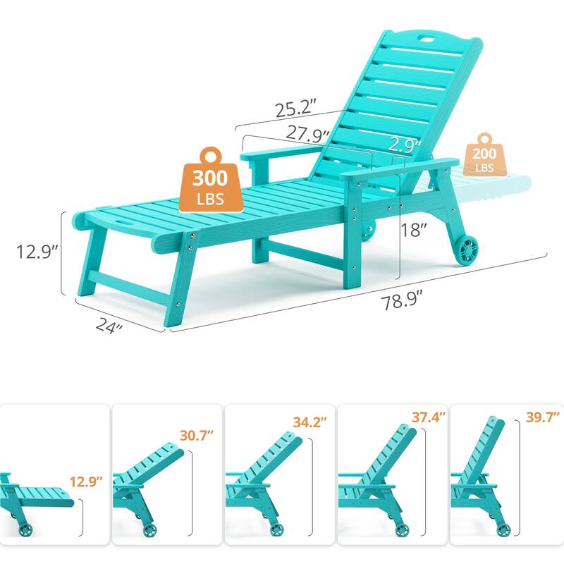 Outdoor Adjustable Wheeled Chaise Lounge Chairs with Arms for Patio, Deck, Backyard - 78.9"L x 24"W x 39.7"H