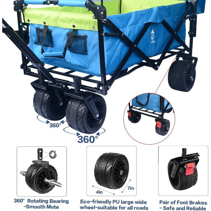 Deluxe 142L Collapsible Wagon with Removable Canopy & Cooler Bag - All-Terrain Wheels with Brake
