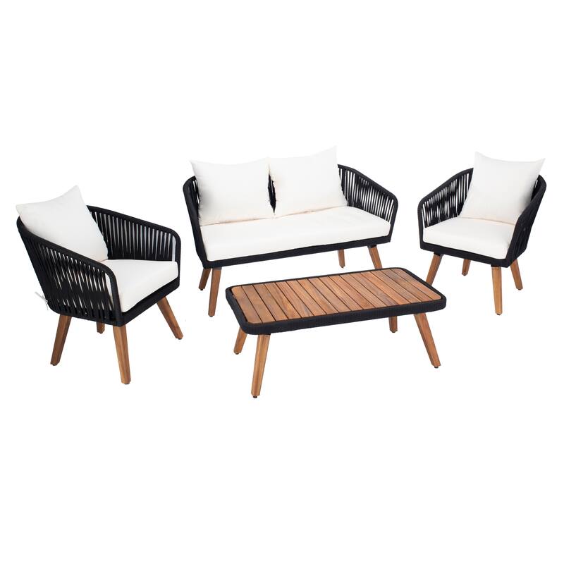 SAFAVIEH Outdoor Amelie 4 Piece Coastal Patio Chat Set - 55W x 31D x 28H