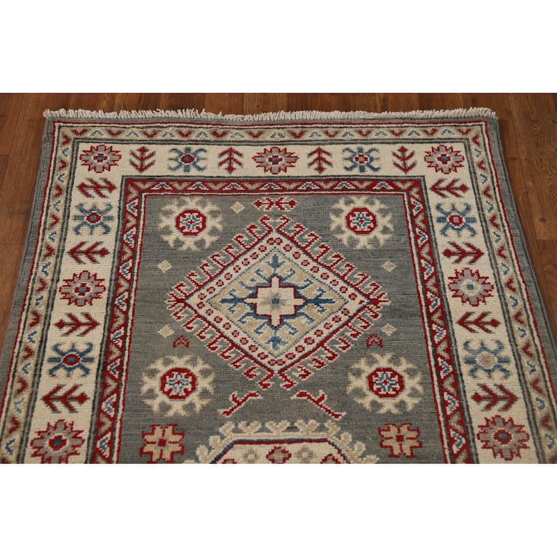 Gray Geometric Kazak Runner Rug Handmade Wool Carpet - 2'9" x 16'5"
