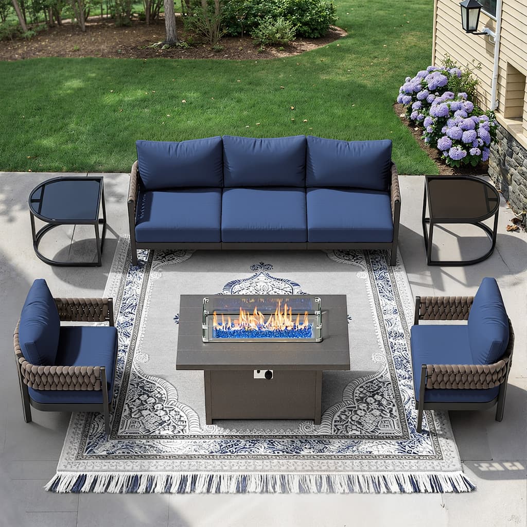 Kullavik 6-piece Aluminlum Frame Woven Rope Patio Sofa with Fire Pit Table, Glass Table and Cushions