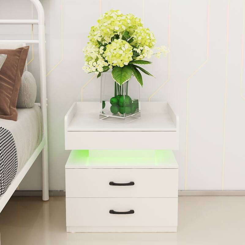 1 Set Nightstand with Adjustable LED Strip Light, 2-Drawers, Large Storage Space