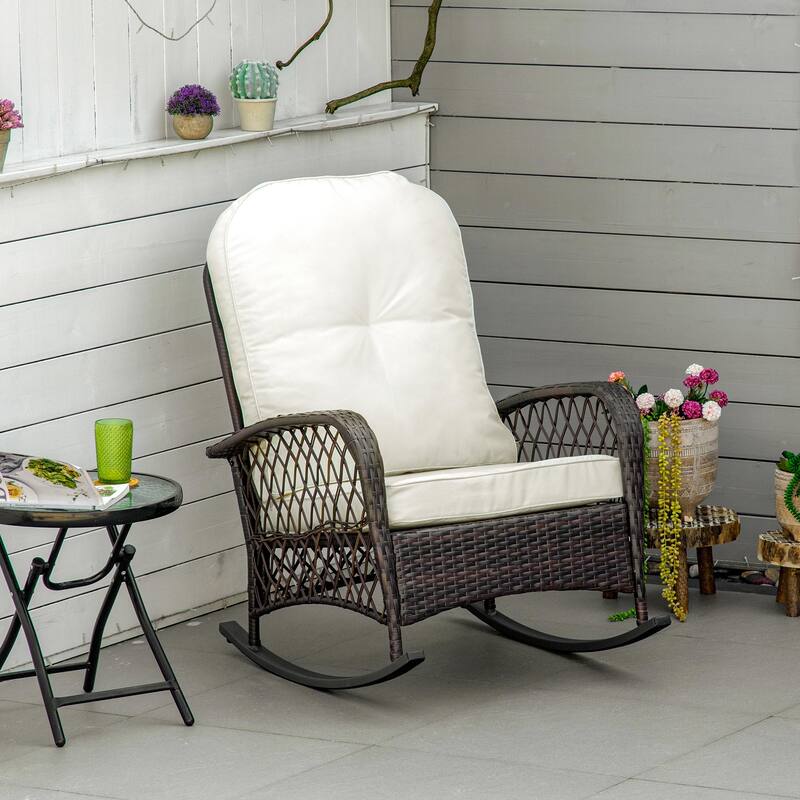Outsunny Outdoor Wicker Rocking Chair with Widen Seat, Thickened Cushion, Rattan Rocker with Steel Frame - Cream