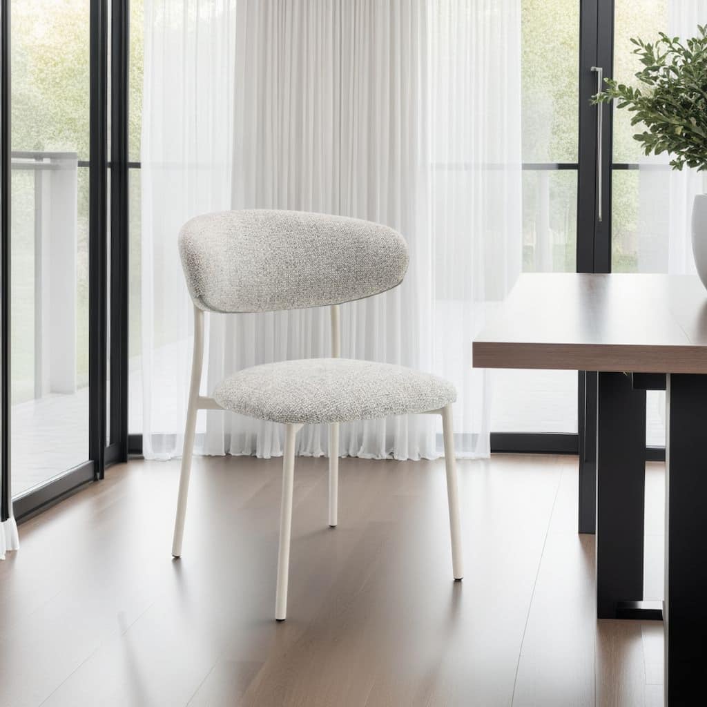 Side Dining Chair Set of 2, Gray Boucle, Curved Backrest, Metal Legs