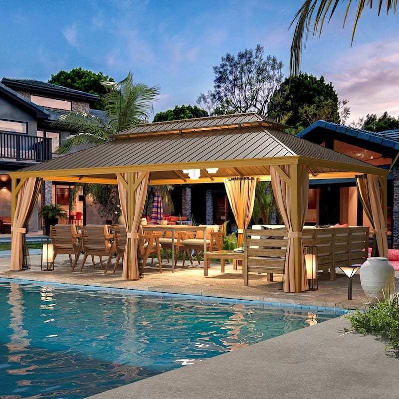Outdoor Galvanized Steel Roof Gazebo Pergola w Wooden Coated Alumninum Frame, Privacy Curtains and Nettings Include