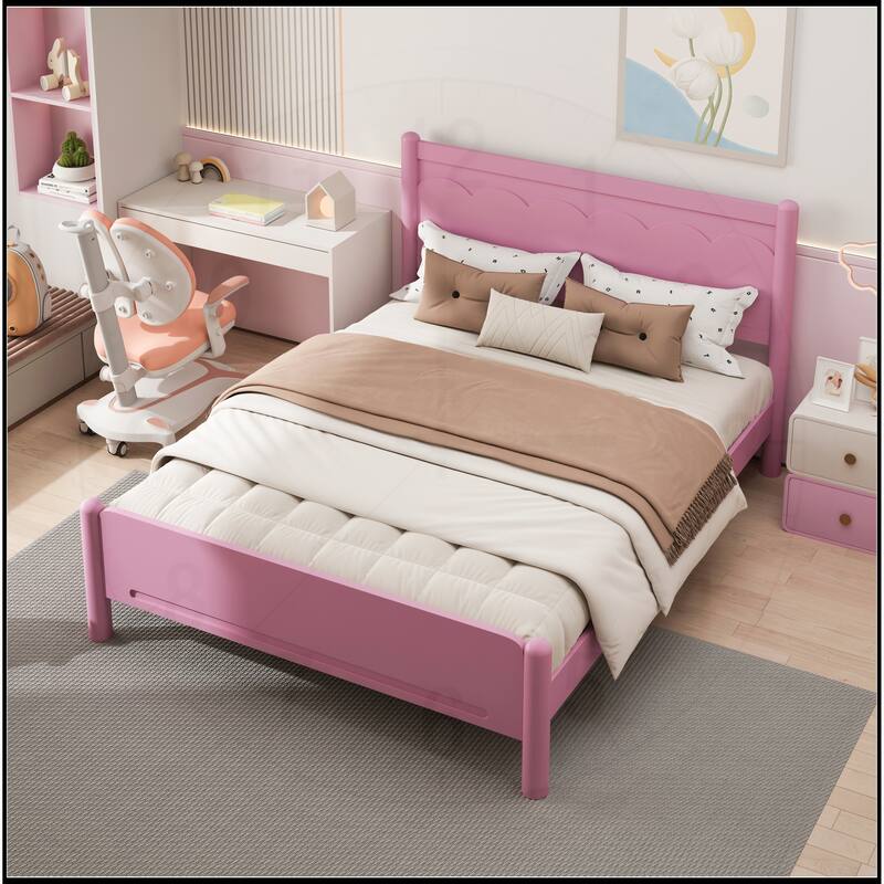 Wood Platform Bed Frame with Headboard and Wooden Slat Support - Pink - Queen