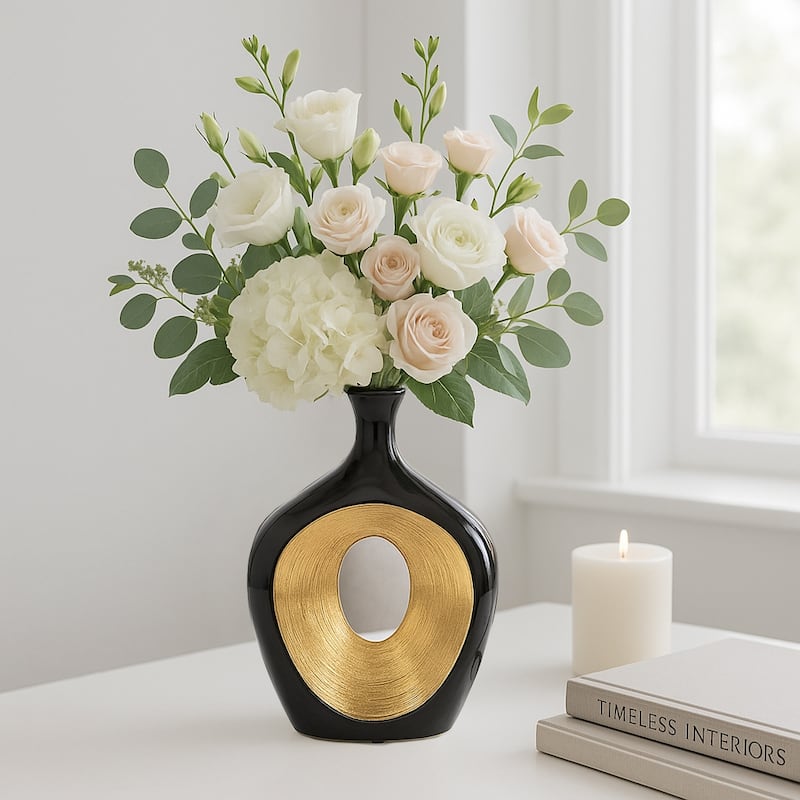 Modern Ceramic Textured Oval Cut-Out Vase - Home Decor - 13"