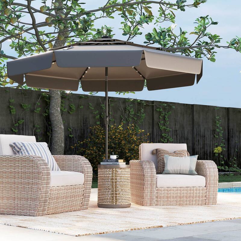 Costway 10 FT Solar Patio Umbrella with 32 LED Lights 3-Tier Vented - Gray