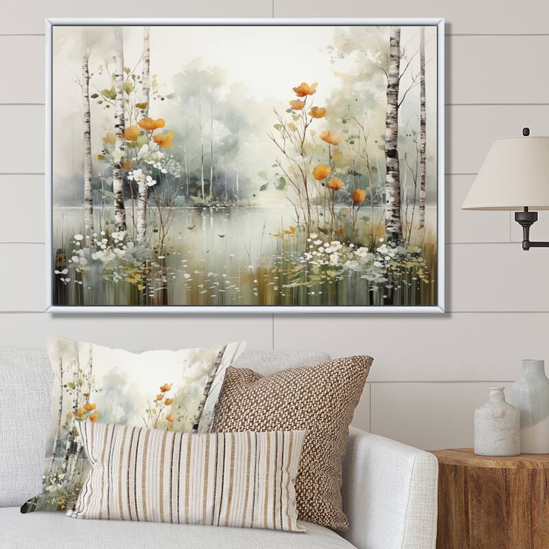 Designart "Minimalism Forest Woods I" Landscapes Framed Wall Art Living Room - 40 in. wide x 30 in. high - White