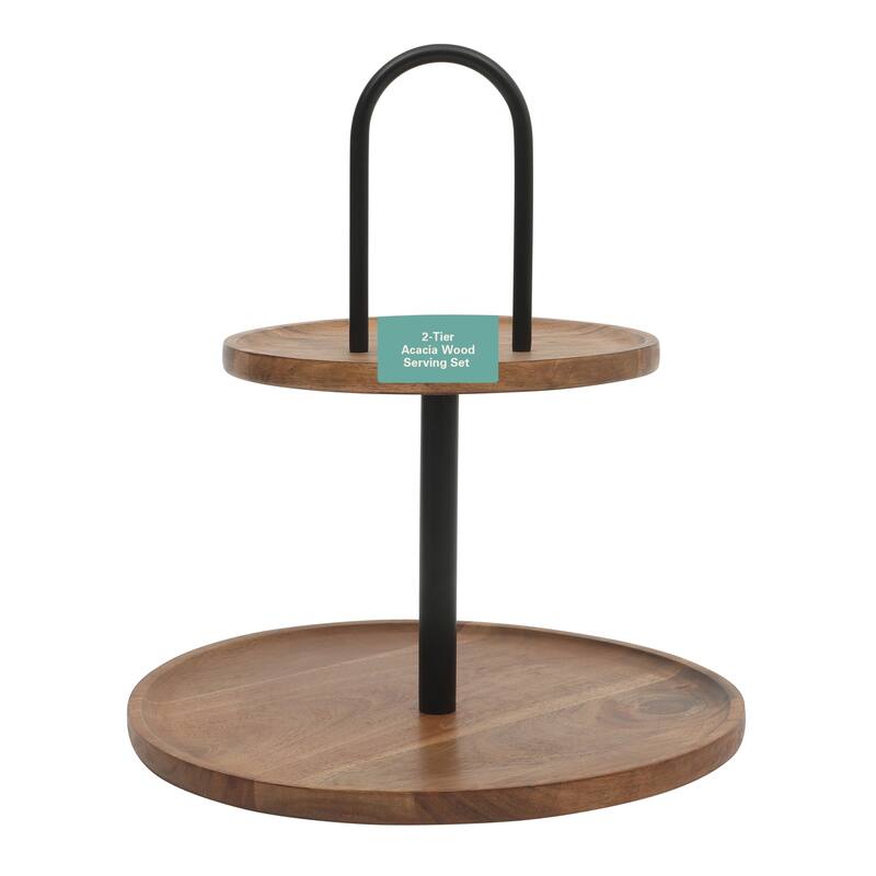 Gibson Home Gracious Dining 2-Tier Round Acacia Wood Serving Tray - 12" x 12" x 13.5"