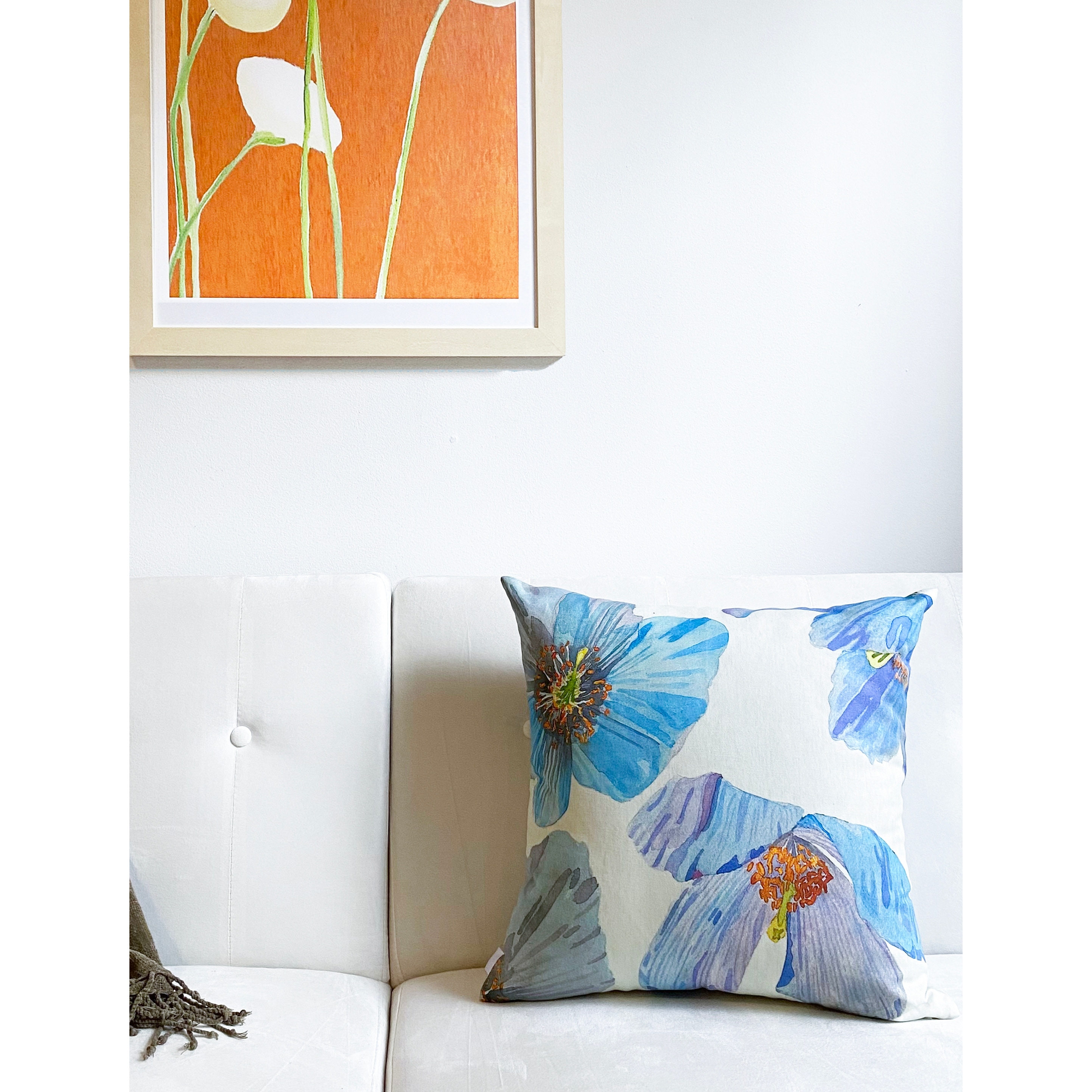 Himalayan Blue Poppies on Ecru Throw Pillow