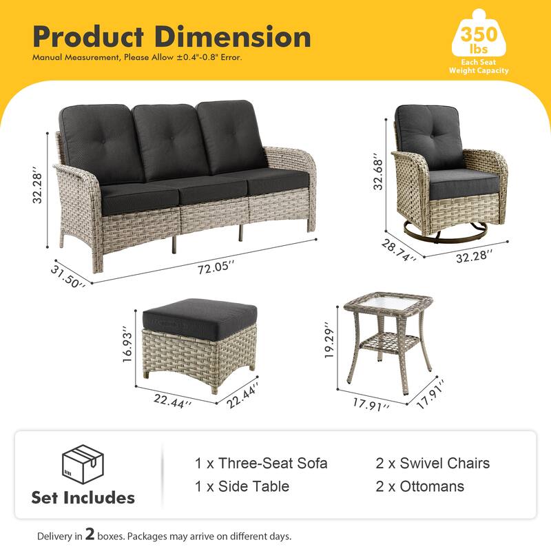 HOOOWOOO 6-piece Outdoor Furniture Wicker Rattan Swivel Chair Set with Ottoman