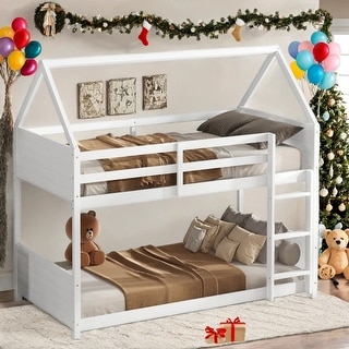 Low Height House Bunk Bed with Headboards,Guardrails,Ladder,Twin Over Twin Kids Bed