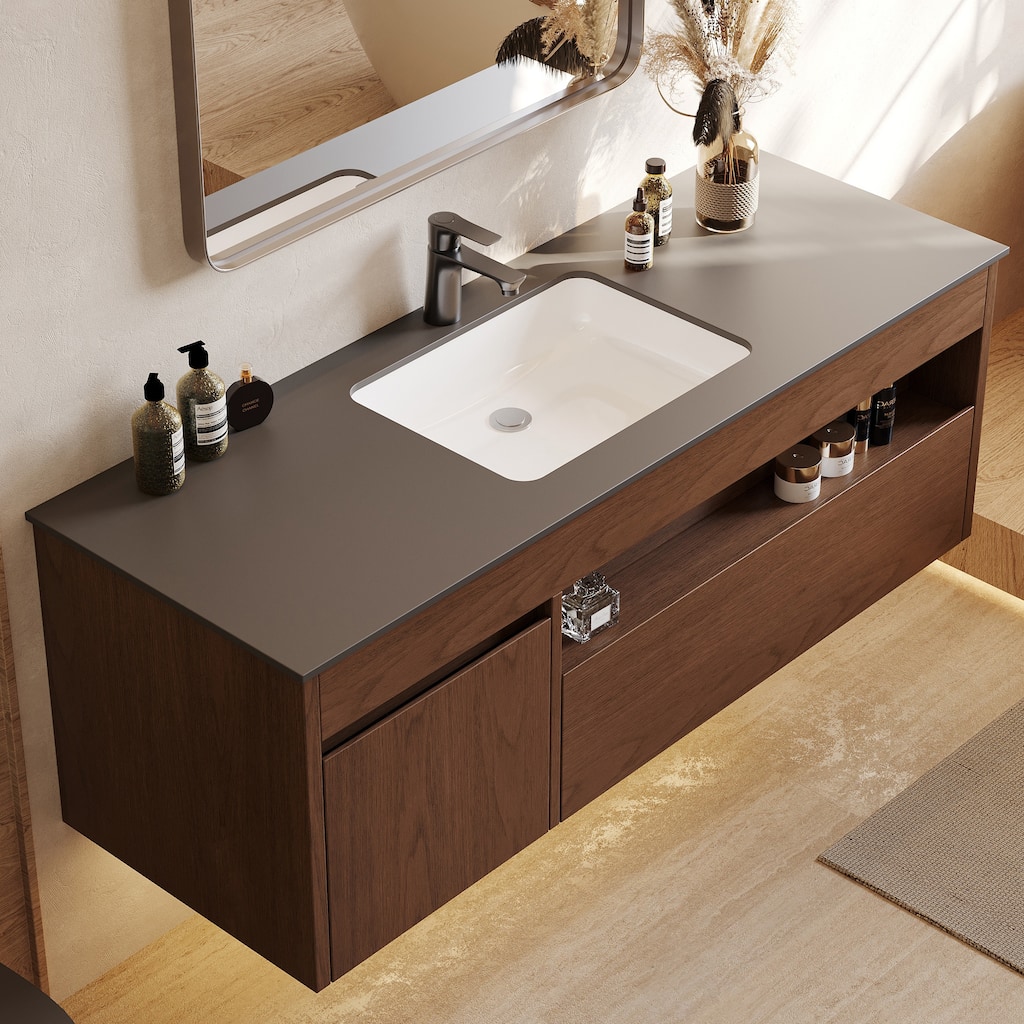 47.24'' Single Bathroom Vanity with Stone Top, Solid Wood, Dark Gray Stone Top