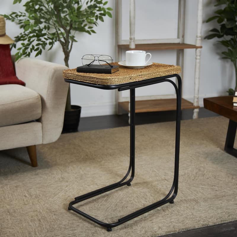 Dried Plant Handmade Coiled C-Shaped Accent Table with Black Metal Legs - Brown - Roche River Decor