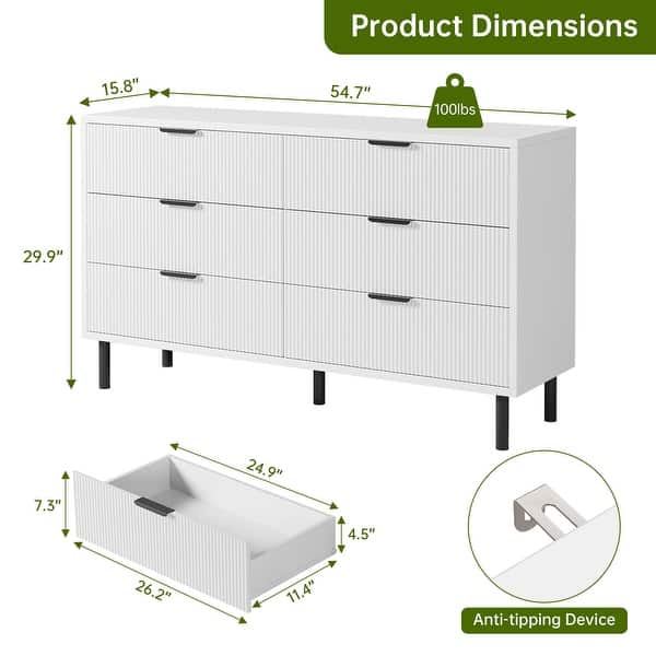 dimension image slide 2 of 8, 3/5/6 Drawer Fluted Dresser for Bedroom, Modern Wide Chest of Drawers with Metal Legs