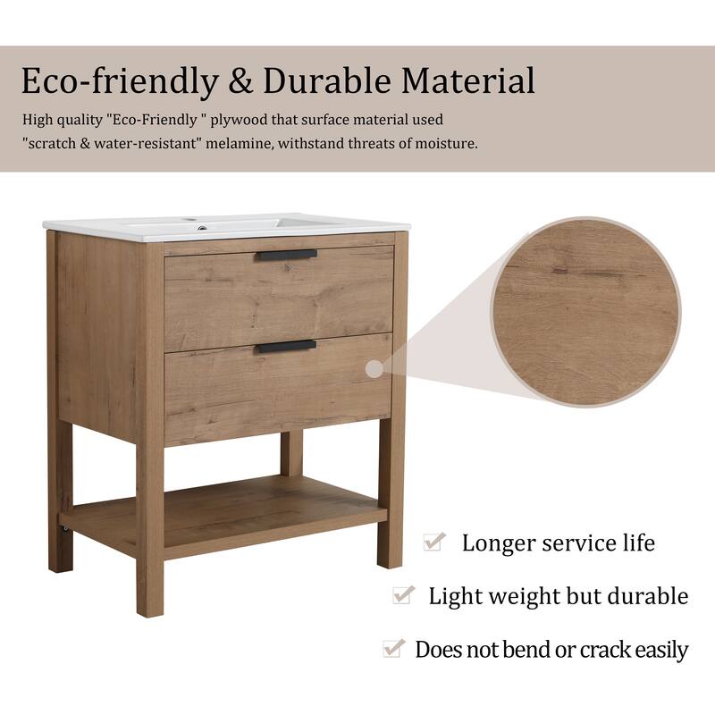 Beingnext 30" Bathroom Vanity with Sink, Single Sink Freestanding Bathroom Vanity with 2 Soft Close Drawers and Open Shelf