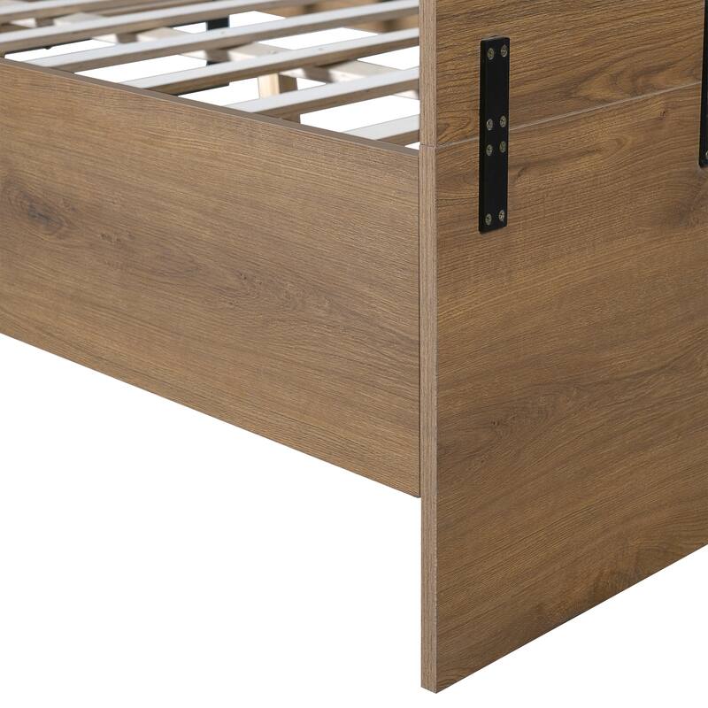 Queen Size Engineered Wood Bed Frame in Natural & Black, Geometric Headboard Design