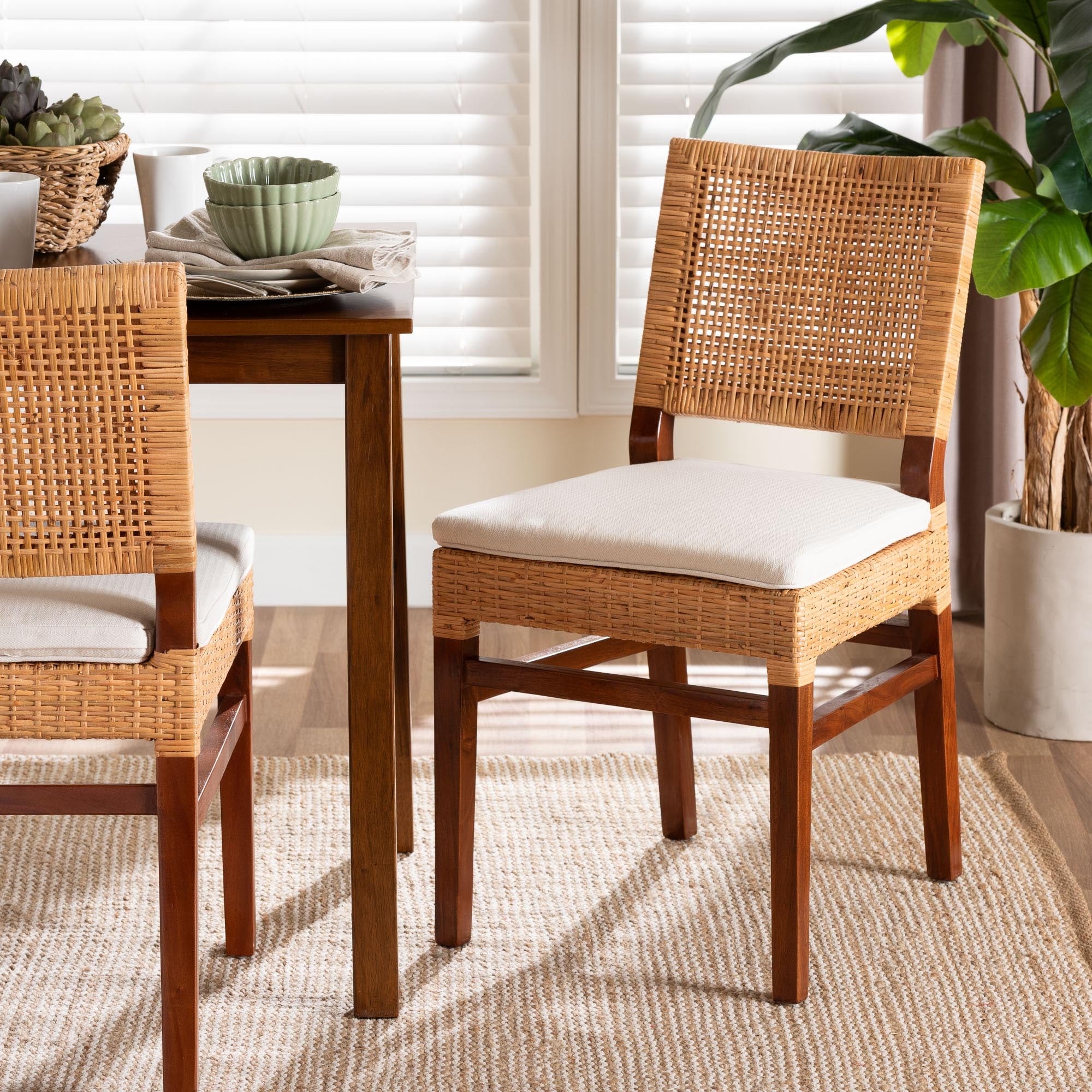 Lesia Natural Rattan Dining Chair with Cushion - Handwoven Wicker Side Chair with Mahogany Wood Frame, Coastal Boho Style