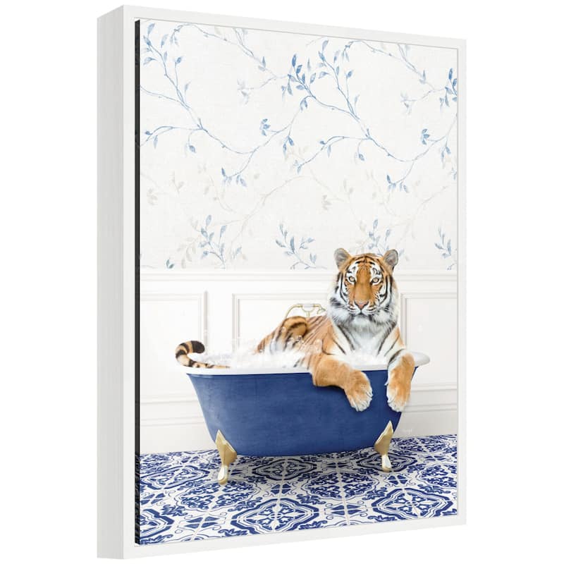 Kate and Laurel Sylvie Tiger in Eclectic Blue Bathtub Framed Canvas by Amy Peterson - White