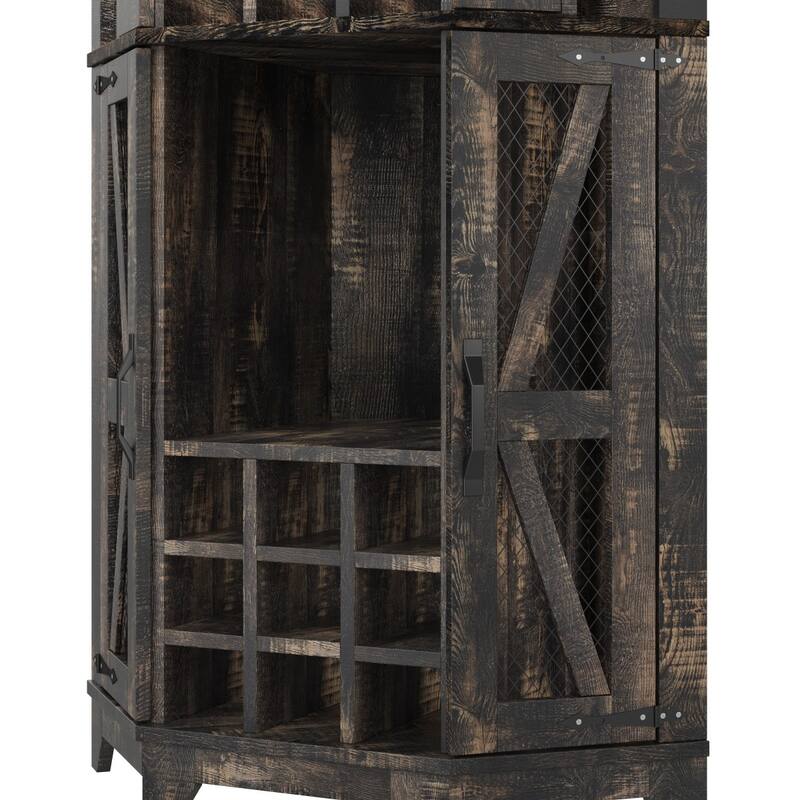 72" Tall Farmhouse Bar Storage Cabinet with Barn Door, Acrylic Mirror and Glass Rack