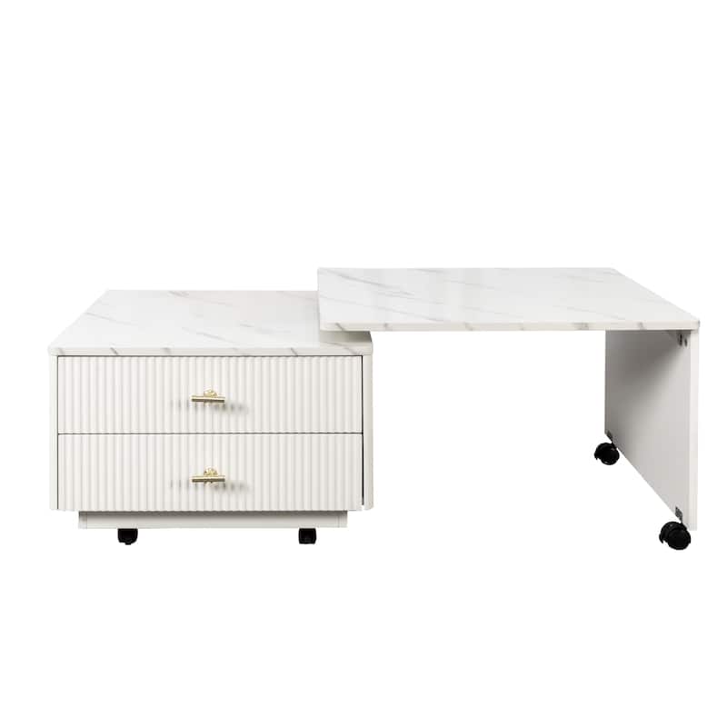 Roomfitters Extendable Coffee Table with Storage, Reversible Square Table with 2 Drawers and 6 Wheels for Living Room, White