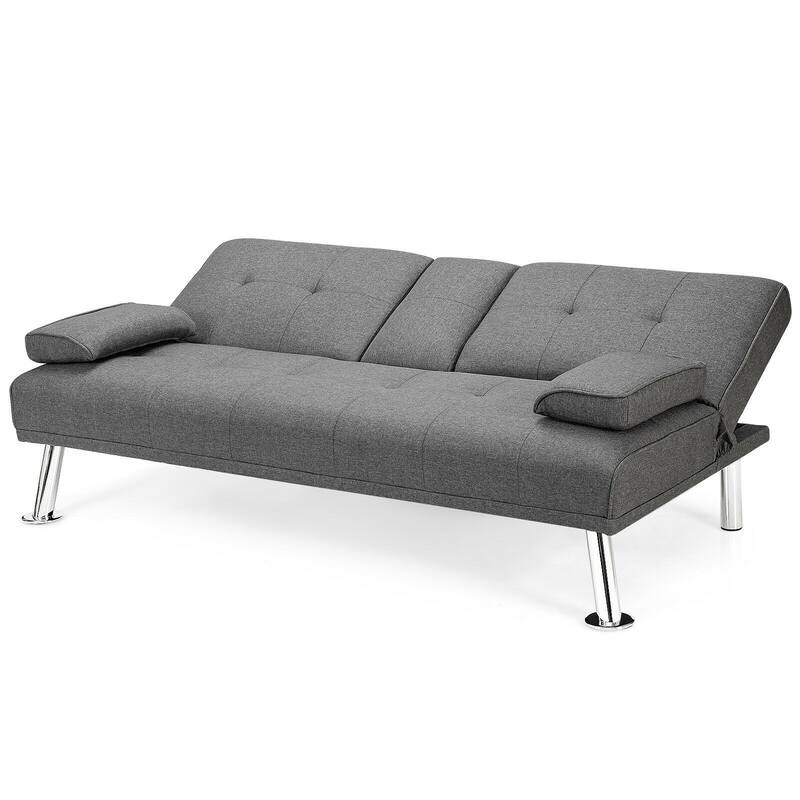 Convertible Folding Futon Sofa Bed Fabric with 2 Cup Holders - 66" x 31.5" x 29.5"