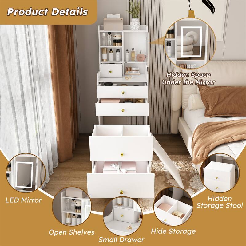 3-in-1 Dressing Table with LED Mirror & Storage Stool