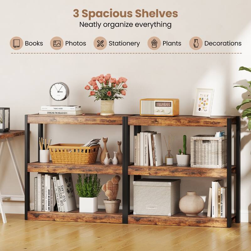 Gymax 3 Tier Bookshelf Wooden Bookcase w/ Dual Anti-Tipping Kits Open