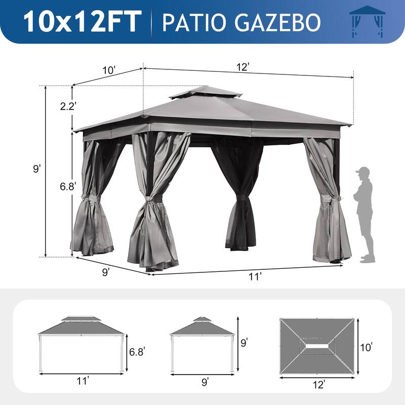 10x12 Outdoor Gazebo Tent with Double Roofs, Patio Gazebo with Mosquito Netting and Privacy Screens