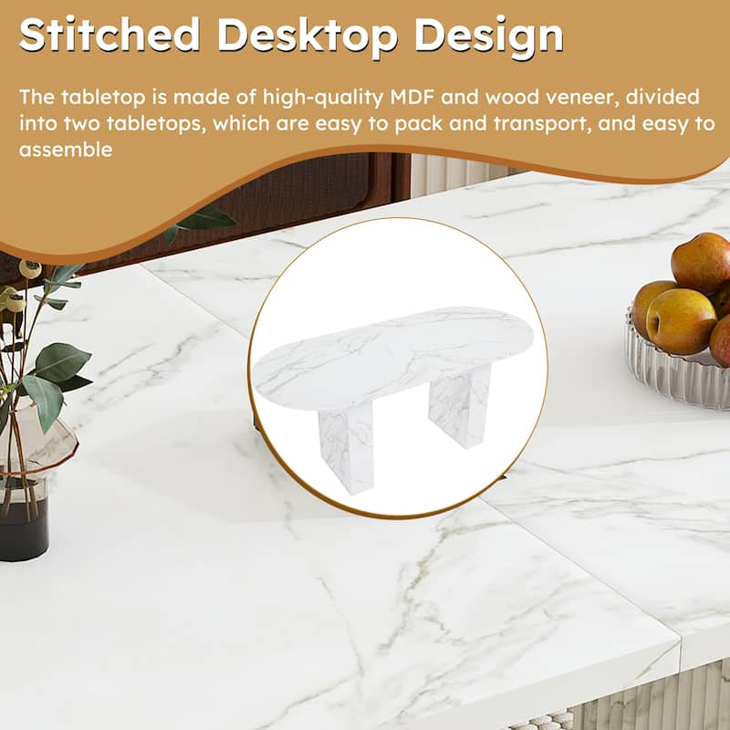 62.9 Inch Oval Dining Table for 6, Marble Top Kitchen Table with Wood Strip Base, Modern Farmhouse Dining Room Table