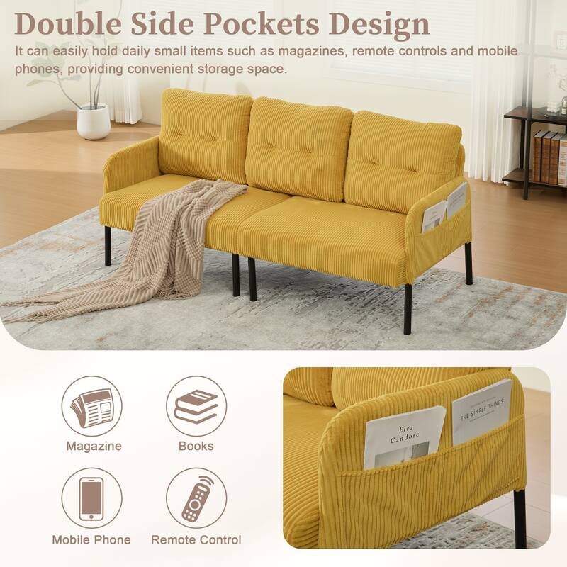 HOMEFUN Corduroy Upholstered Oversized Wood Frame Loveseat Sofa with Metal Legs and Side Pockets