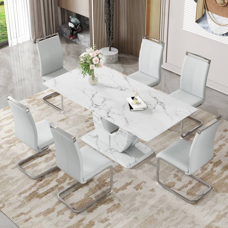 7-Piece Dining Table Set with Light Gray PU Leather Side Chairs