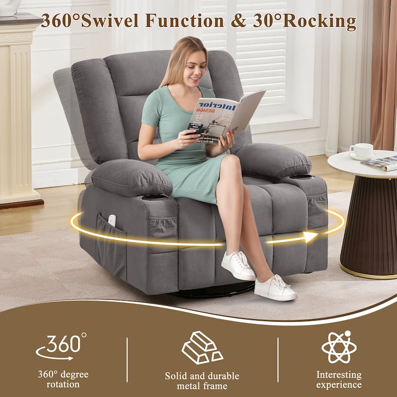 Oversized Swivel Recliner Chair with 4-Point 3D Kneading Massage and Heat, Single Sofa Chair with 2 Cup Holders & USB Port