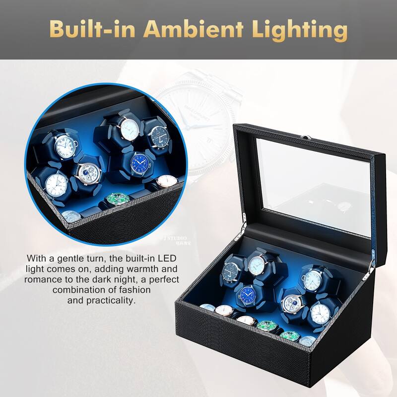 Luxury Watch Winder Box for 6 Watches with LED Lighting, Silent Motor, Memory Foam Cushions