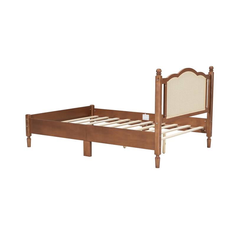 Queen/Full Size Wood Platform Bed with Natural Rattan Headboard, Vintage Bed Frame